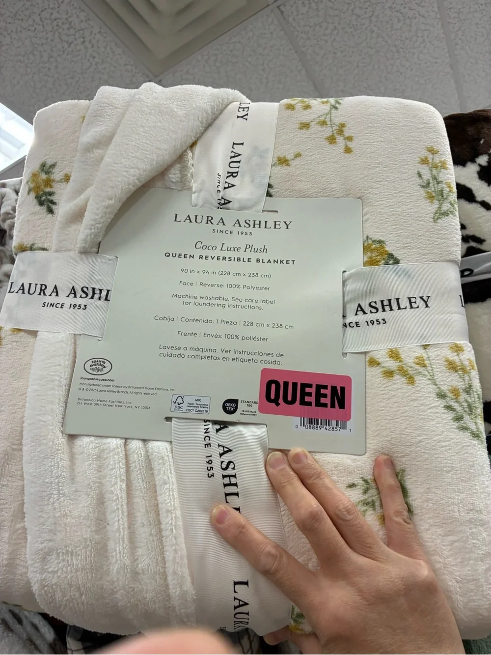 Laura Ashley Cream Floral Queen Plush Reversible Blanket